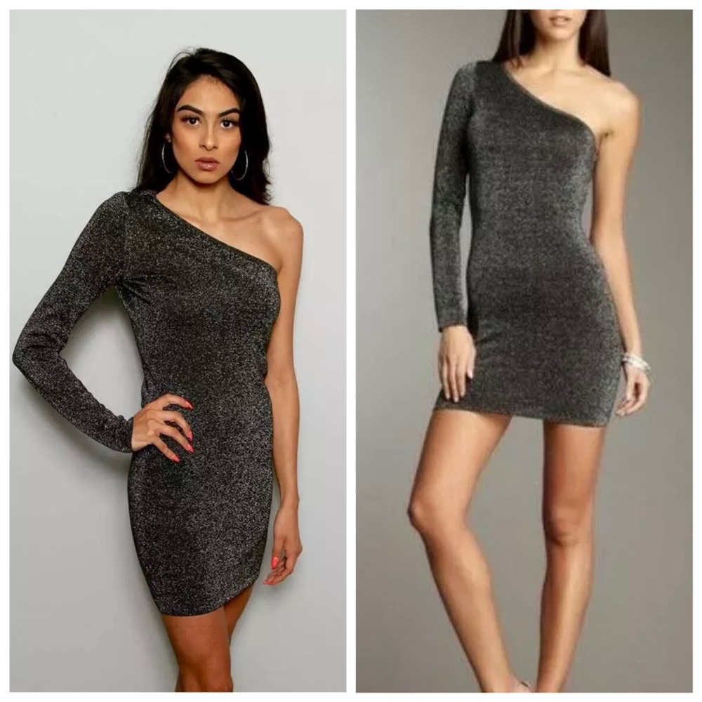 BCBGMaxAzria Black Silver Glitter Sparkle One Shoulder Cocktail Mini Dress M - Picture 2 of 12